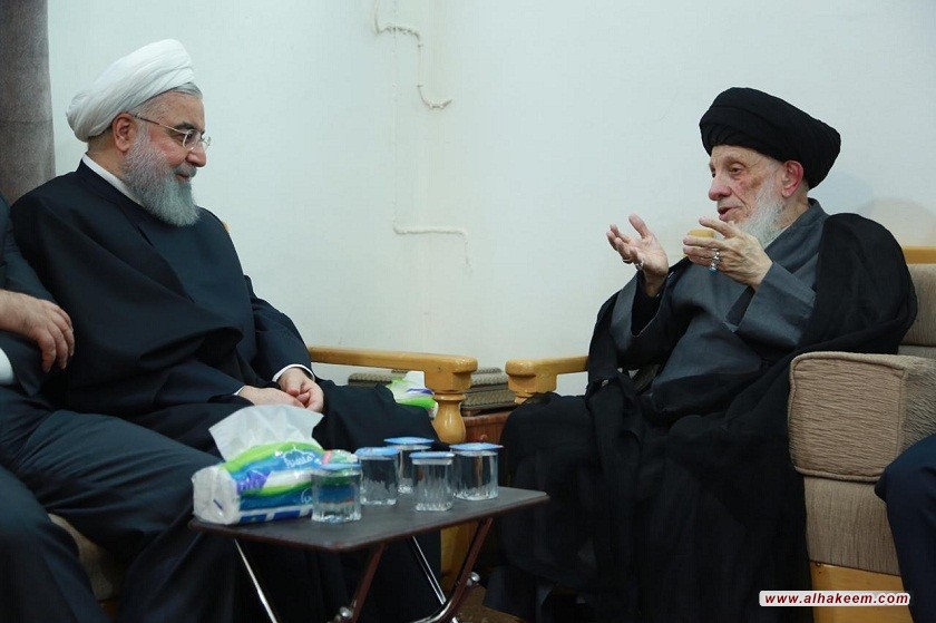 استقبال مرجع عالیقدر تشیع اقای حکیم (مدظله) از رئیس جمهوری اسلامی ایران دکتر شیخ حسن روحانی وهیئت همراه